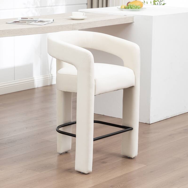SEYNAR Modern Velvet 34.6''H Fixed Height Open-Back Bar Stool with Metal Footrest