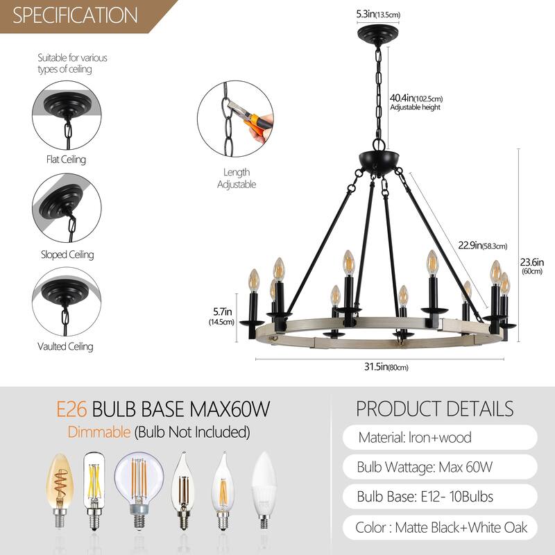 Farmhouse 10-Light Candle Chandelier, Black Metal and Wood Round Hanging Light, Adjustable Height, for Dining Room or Kitchen