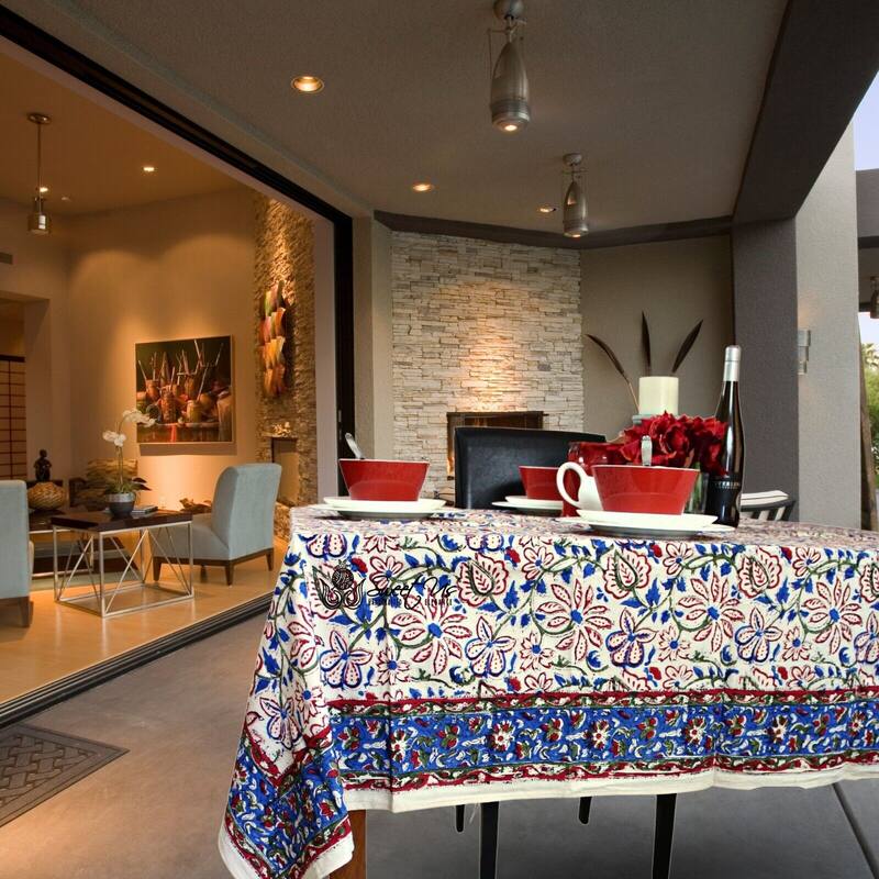 Ashlyn Handmade Cotton Floral Square Tablecloth Blue Red Green - 70 x 70 in