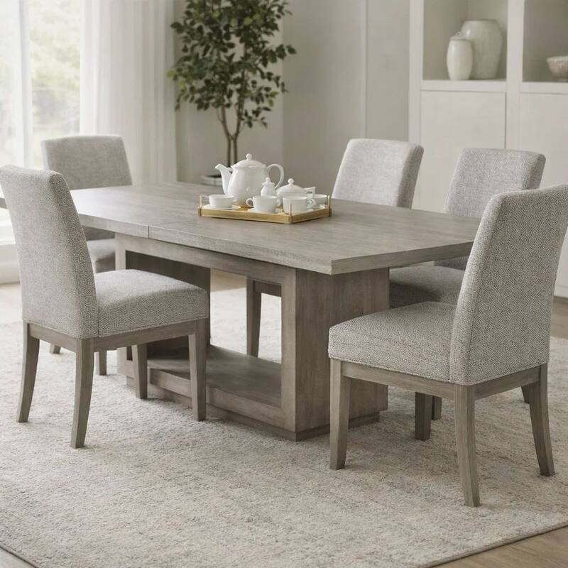Jose 72-95 Inch Acacia Wood Dining Table, Open Plinth Base, Weathered Gray