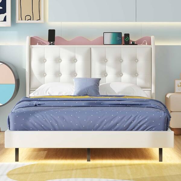 slide 2 of 57, Upholstered Platform Bed Frame with LED Light Bar and USB White/Pink - Full