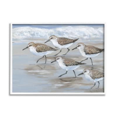 Stupell Sandpiper Bird Flock Marching Beach Coast Waves Framed Wall Art - Blue