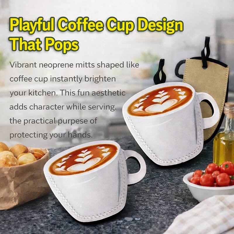 Creative Home Set of 2 Coffee Mug Design Neoprene Heat-Resistant Oven Mitts, Grabbers - 6.3" x 4.7" x 0.3"