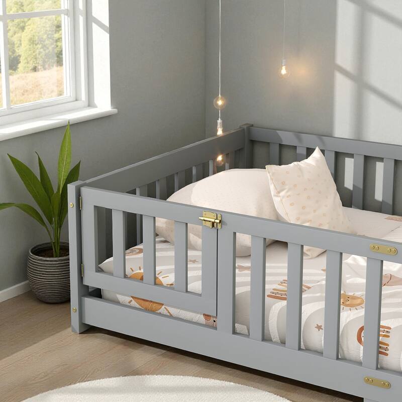 Twin Size Rubber Wood Floor Bed with Fence and Door, Montessori Platform Bed with Safety Guardrails for Kids