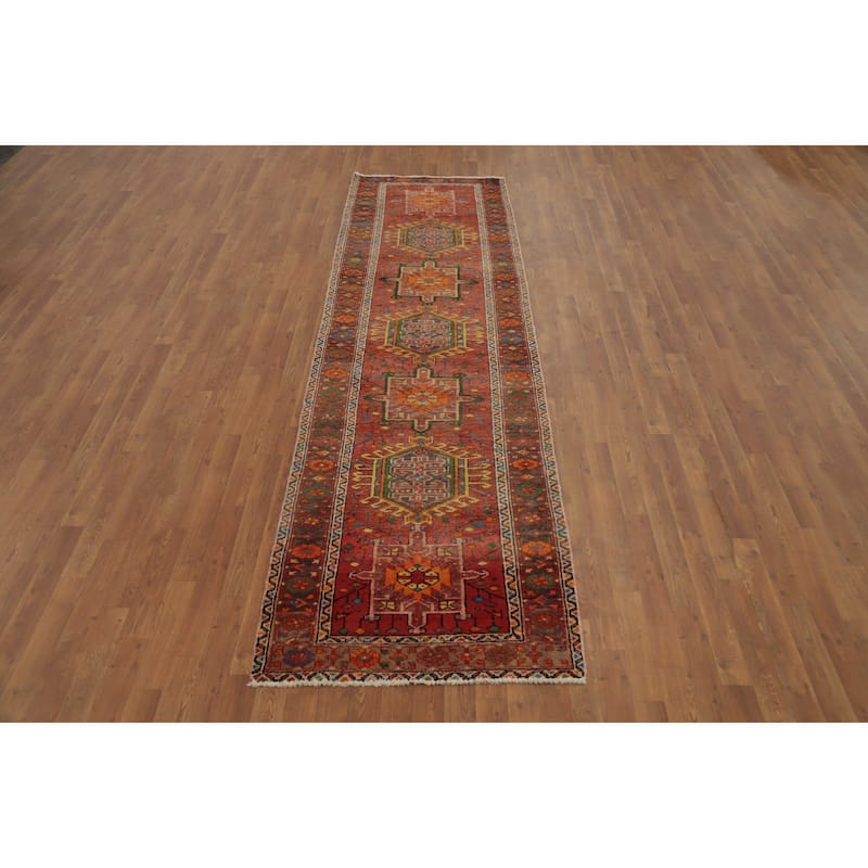 Hand Knotted Oriental 100% Wool Carpet Traditional Geometric Oranges & Rust Heriz Runner Rug - 10' 7'' X 3' 1''