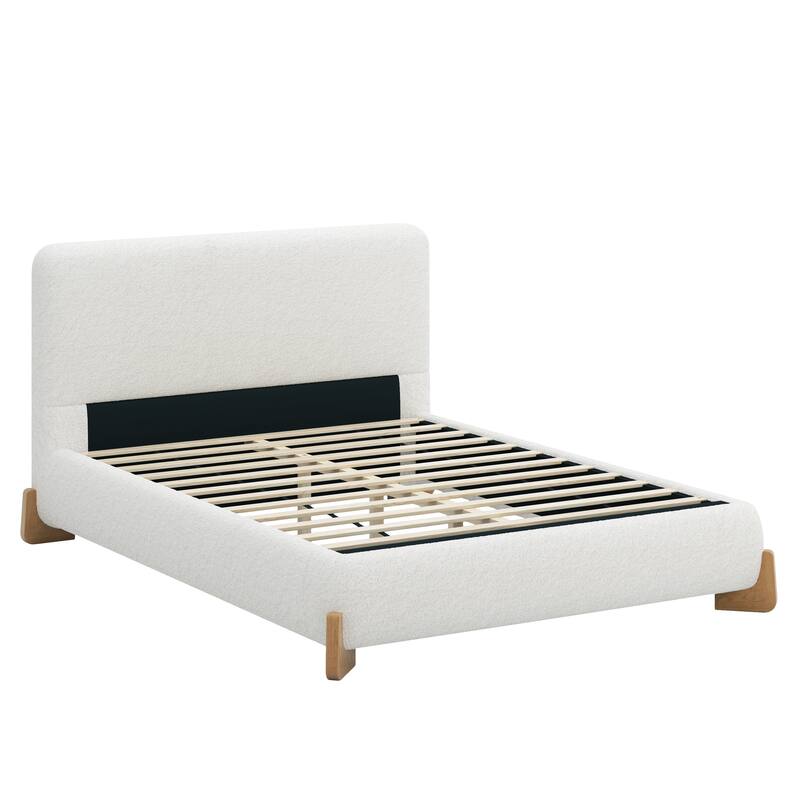 Elegant Full Size Upholstered Bed with Boucle Fabric, White