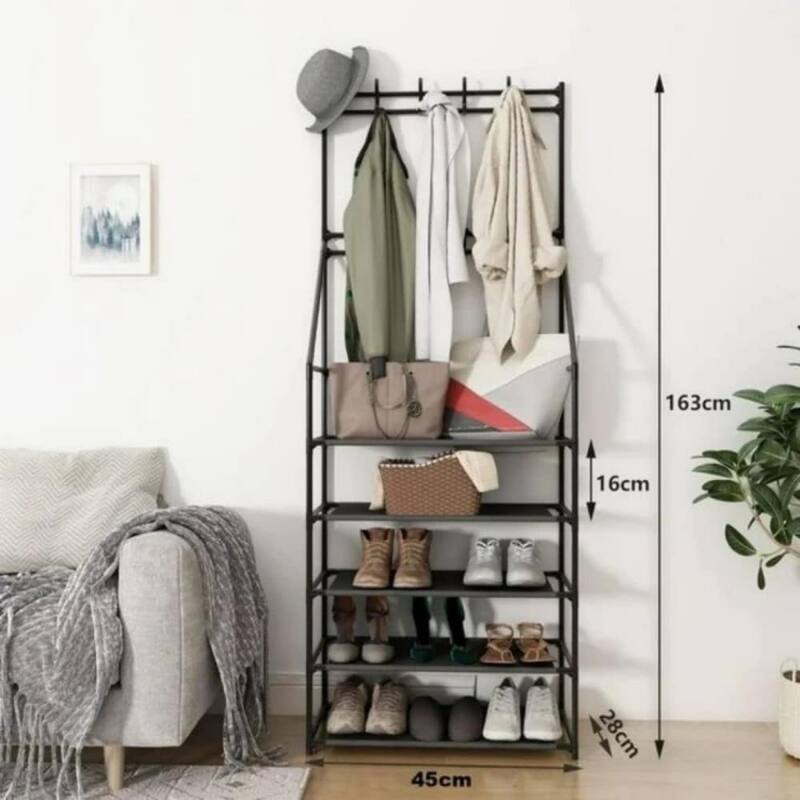 5-Tier Narrow Shoe Rack with 8 Hooks, Organizer for Shoes, Coats