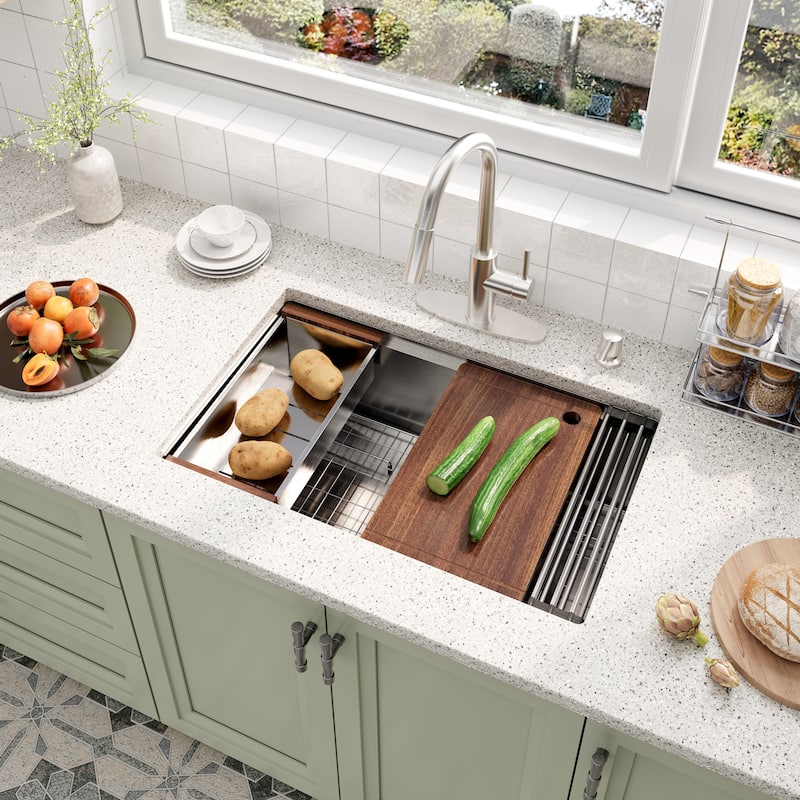 Nano Brushed Stainless Steel Undermount Workstation Kitchen Sink with Touchless Pull-Down Kitchen Faucet and Accessories
