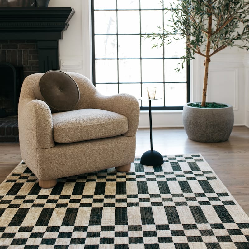 Hansel Blocks and Stripes Beige/ Black Area Rug - 9'10" x 12'10"