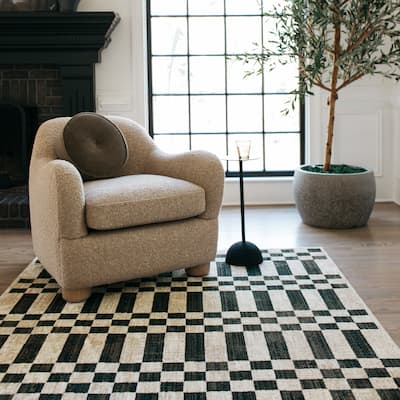 Hansel Blocks and Stripes Beige/ Black Area Rug