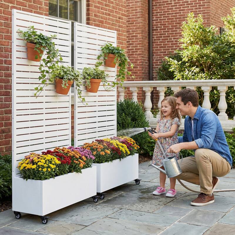 Metal Planter Box with Trellis Privacy Screen Planter Box with Lockable Wheels Set of 2