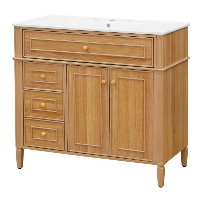36" Bathroom Vanity with Sink, Wood Vanity Cabinet with Flip-Out Drawer, 3 Drawers, 2 Soft-Close Doors, Solid Wood & MDF