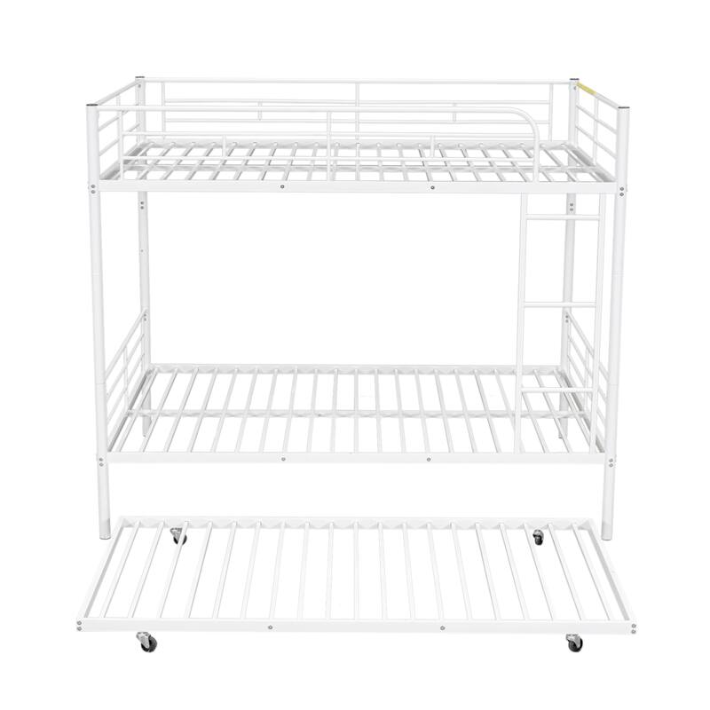 Metal Bunk Bed Frame Kids Dormitory Bed with Trundle, Ladder & Safety Guardrails, Bedroom Convertible Metal Bed Frame