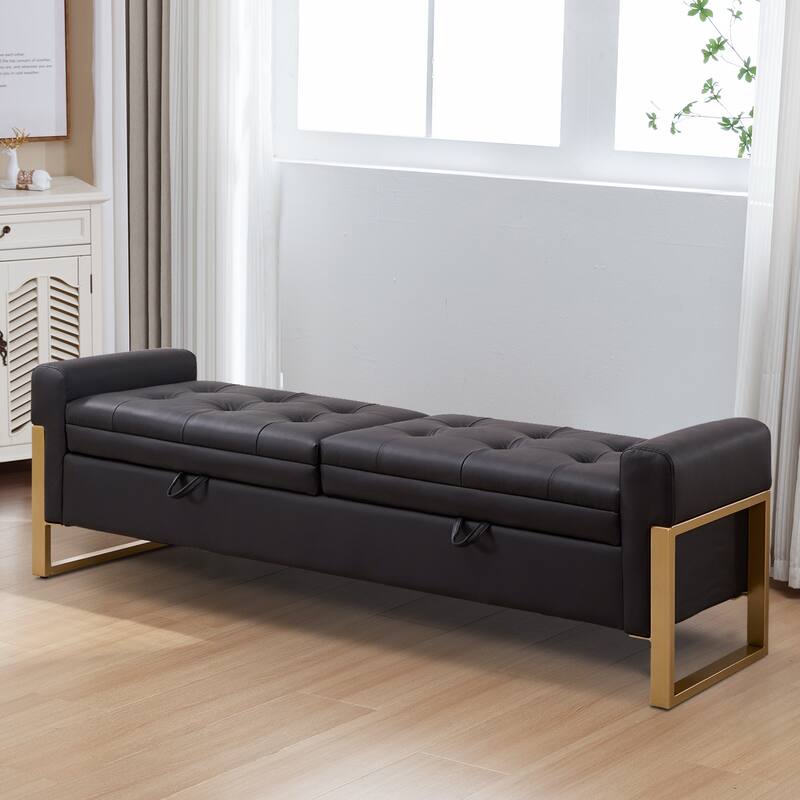 66" Storage Bench King Size End of Bed with Double Lids and Gold Legs