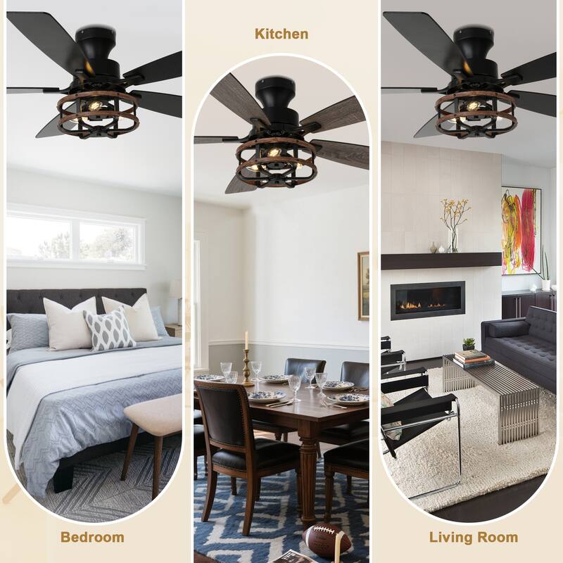 Bella Depot 52" Black Industrial Flush Mount Ceiling Fan with Light and Remote 6-speed Reversible DC Motor Low Profile Fan