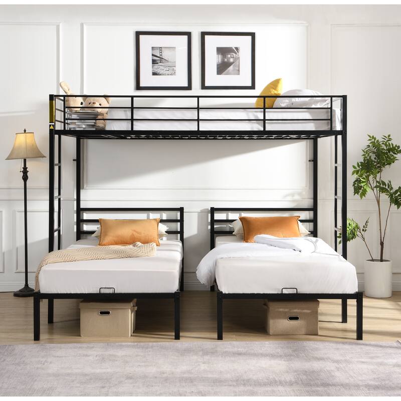 Full Over Twin Over Twin Triple Bunk Bed with Safety Rail & Storage Shelf