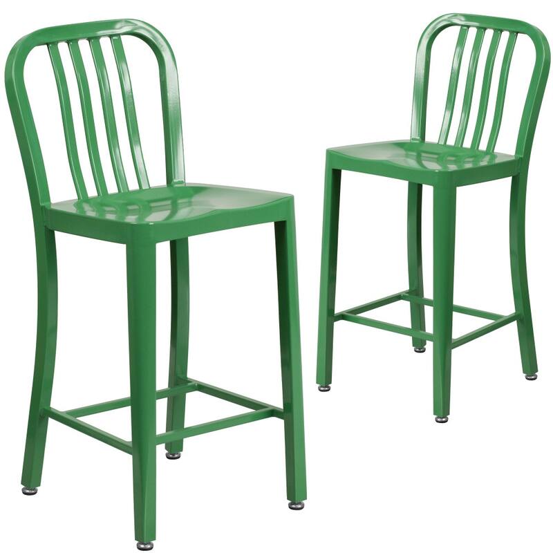 2 Pack 24'' High Metal Indoor-Outdoor Counter Height Stool w/ Vertical Slat Back