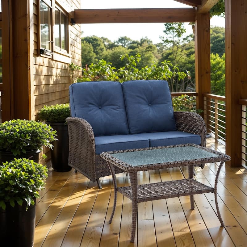 2 Pieces Outdoor Wicker Patio Glider Loveseat with Coffee Table - Blue - Brown