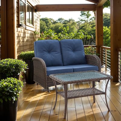 2 Pieces Outdoor Wicker Patio Glider Loveseat with Coffee Table