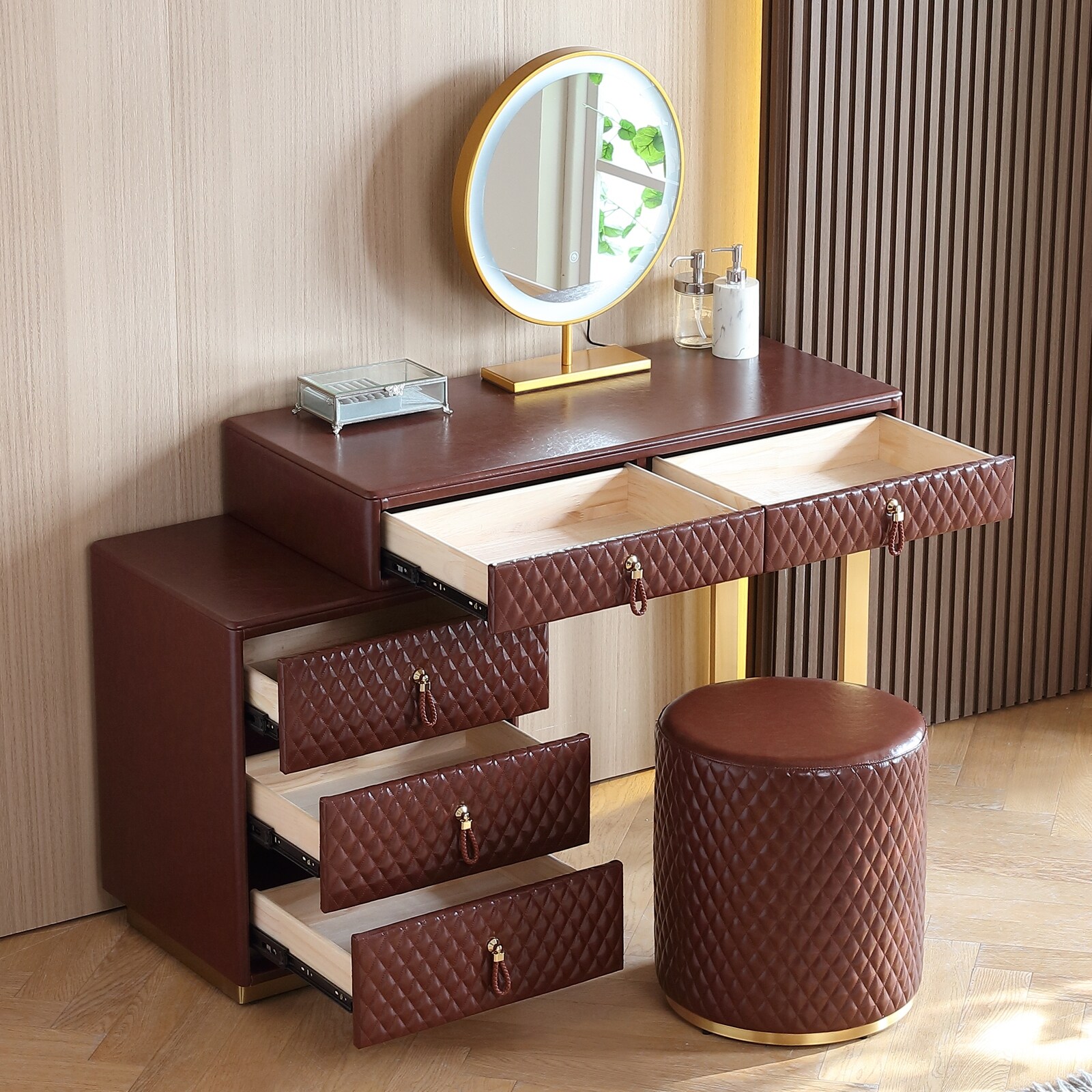 FUKAYI Faux Oil Waxed Leather Makeup Vanity Desk Set with 5 Drawers & Stool Dressing  Table with Lighted Mirror - Overstock - 40033955