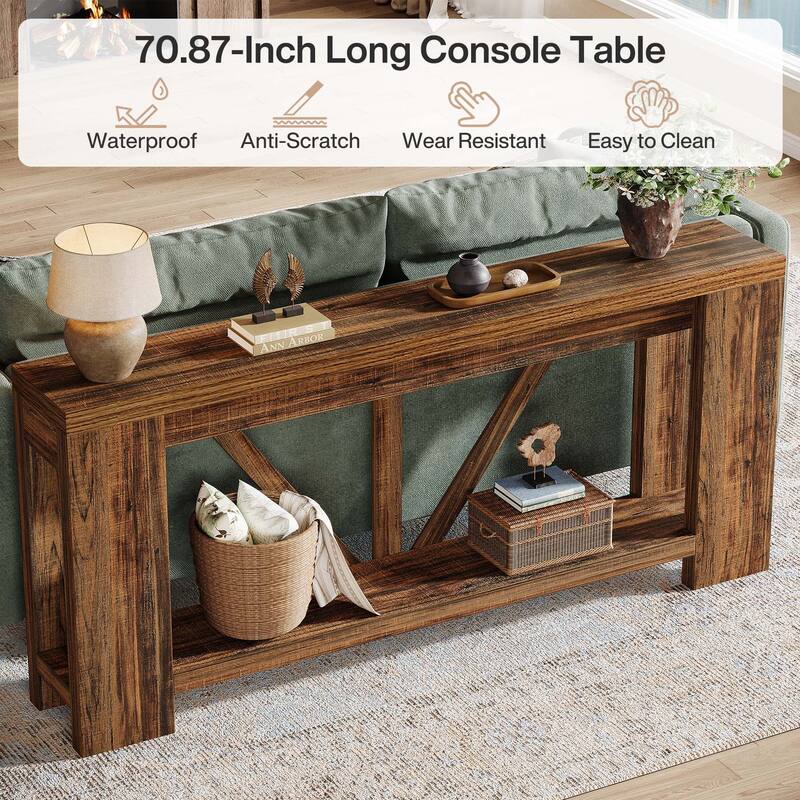 70.9-Inch Extra Long Console Table, 2-Tier Farmhouse Sofa Table Behind Couch