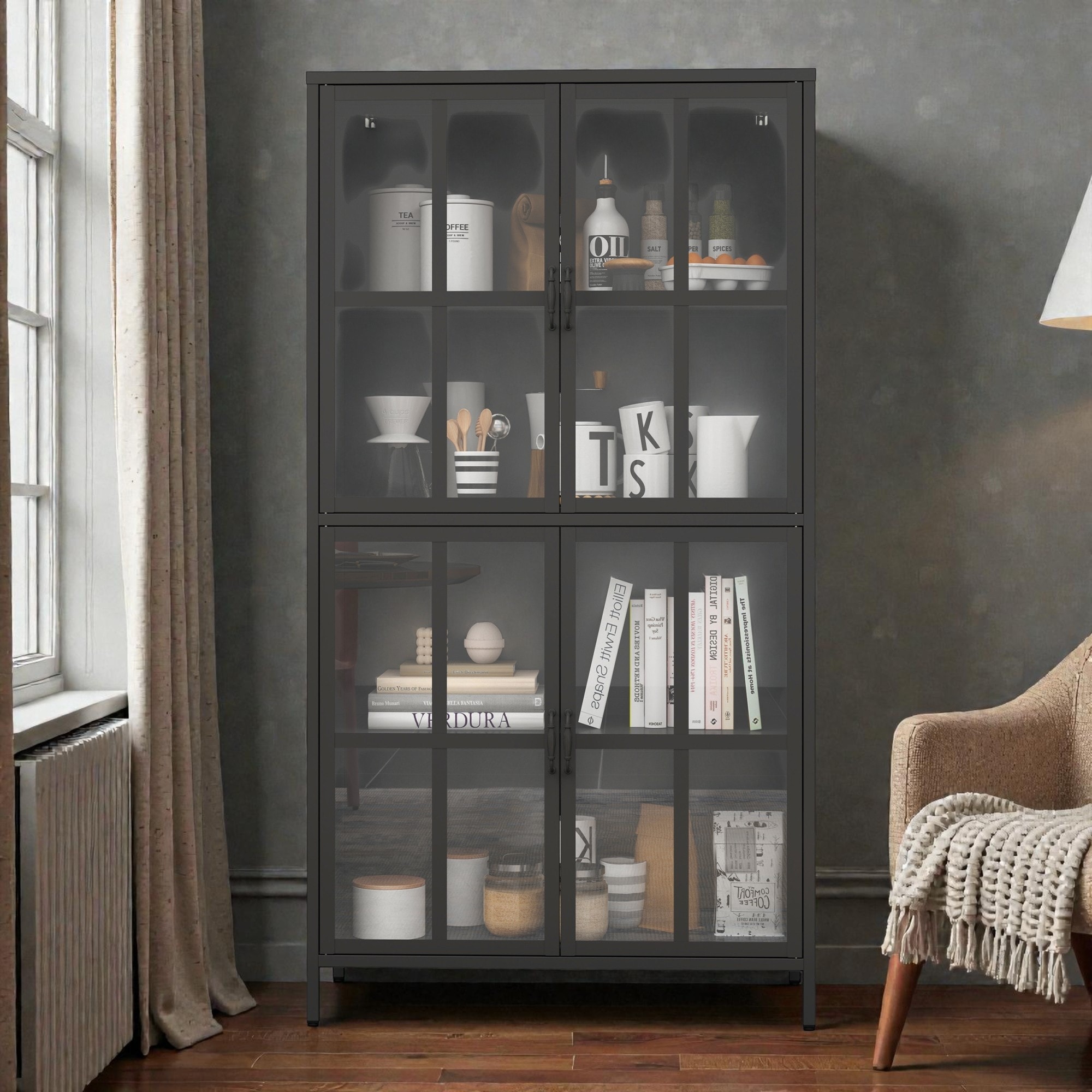 Storage Cabinet with Glass Doors, Anti-Tip Safety, Storage Cabinet, Sideboard, Decorative Cabinet, Entryway Cabinet, Bookcase