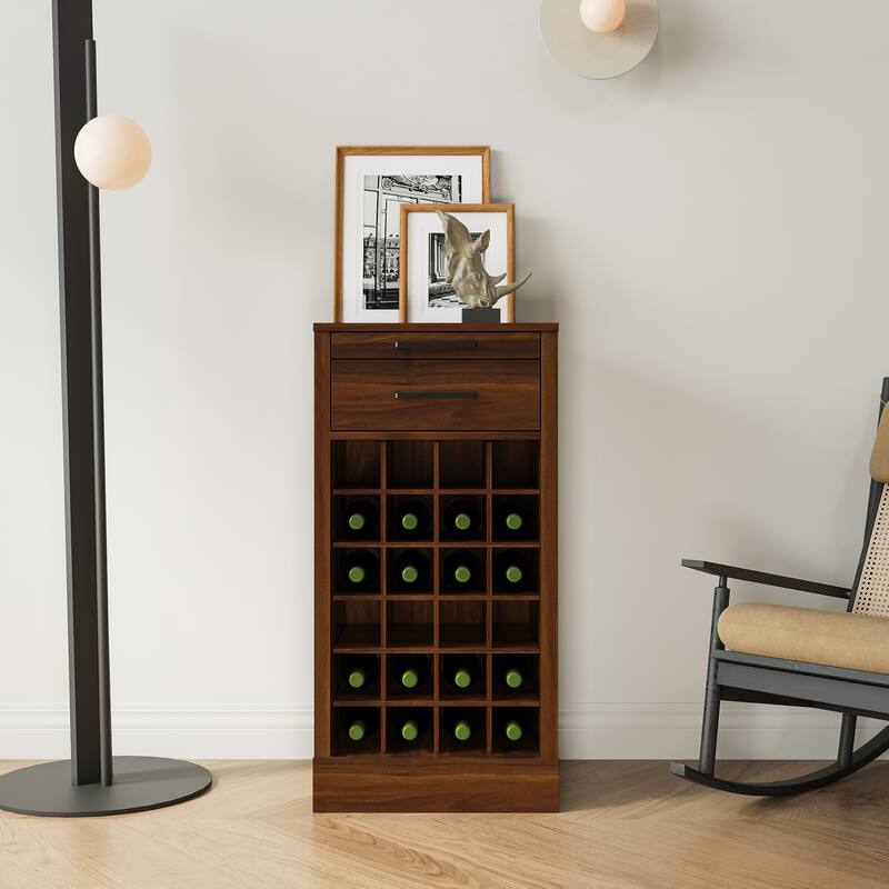 Anmytek Modern Tall Wine Cabinet with 24 Bottle Storage and Drawers Walnut Finish Industrial Bar Furniture - Walnut Brown