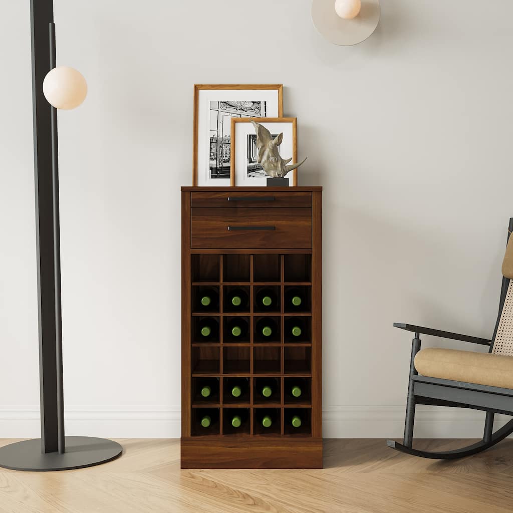 Anmytek Modern Tall Wine Cabinet with 24 Bottle Storage and Drawers Walnut Finish Industrial Bar Furniture