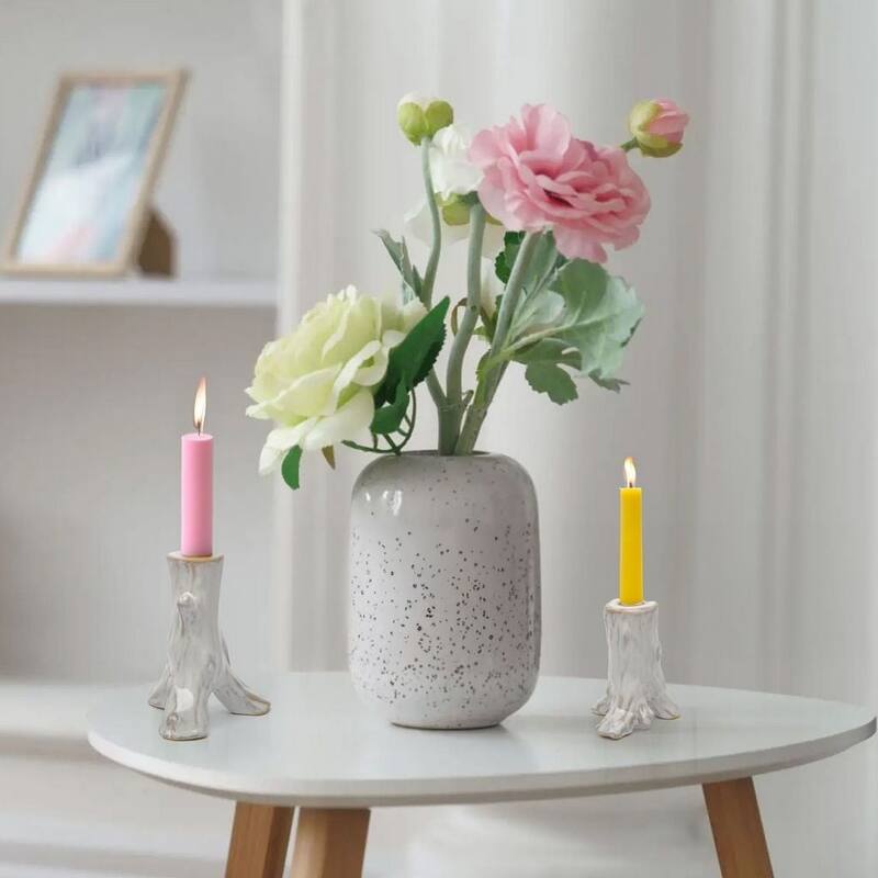 White Ceramic Tree Stump Candlestick Set of Two Rustic Home Decor