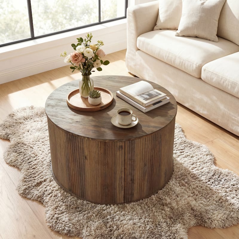 31.5" Round Solid Wood Coffee Table with Fluted Base, Rustic Modern Center Table