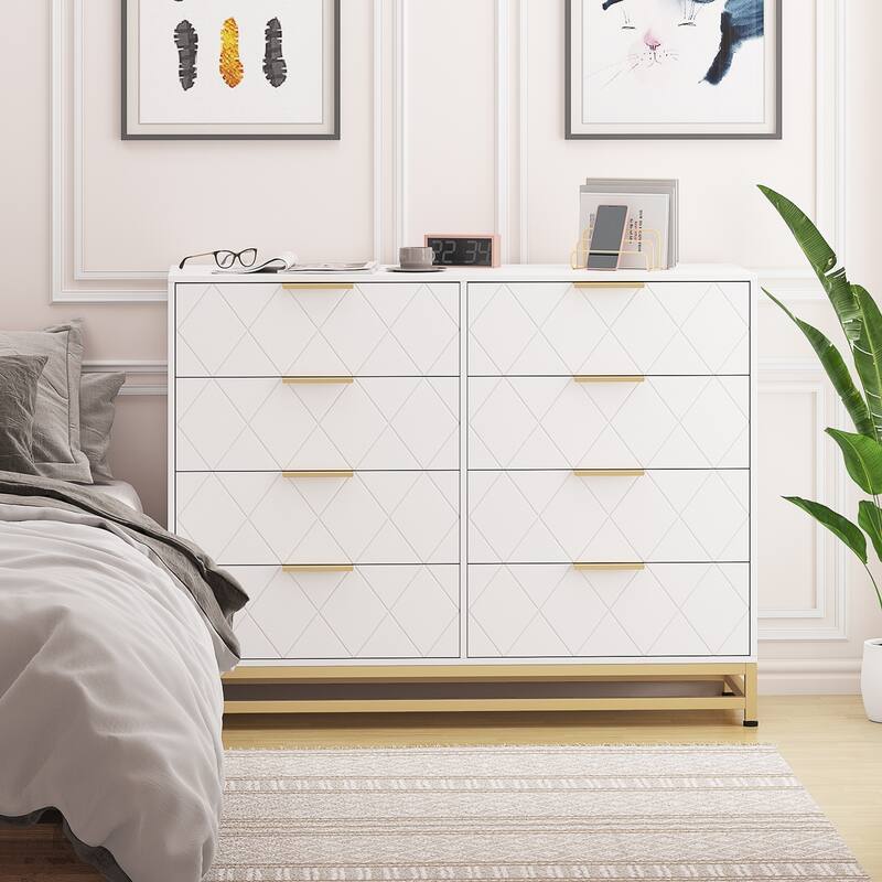 8 Drawer Dresser with Metal Handles for Bedroom - White