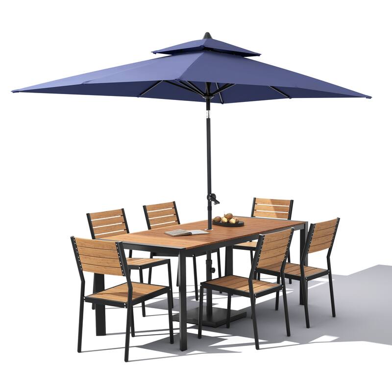 Set of 9 Outdoor Patio Dining Set WoodLike Aluminum Umbrella Hole Table with Stackable Chairs, Market Umbrella Set
