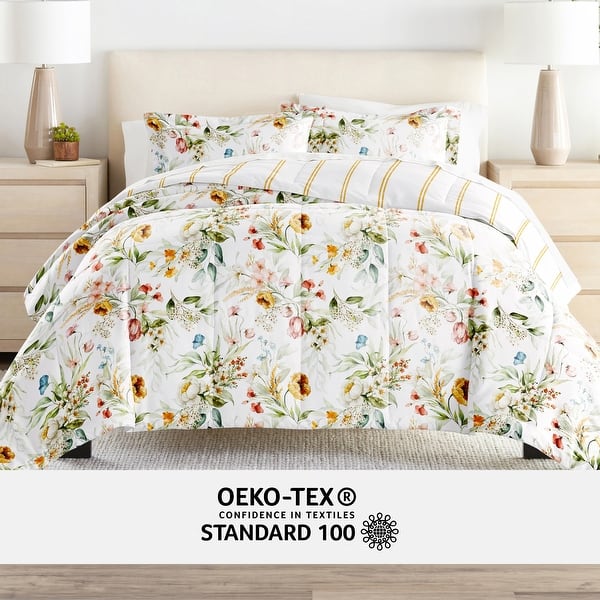 7pc Pattern Reversible Comforter Bundle - Chintz Floral Stripe - King