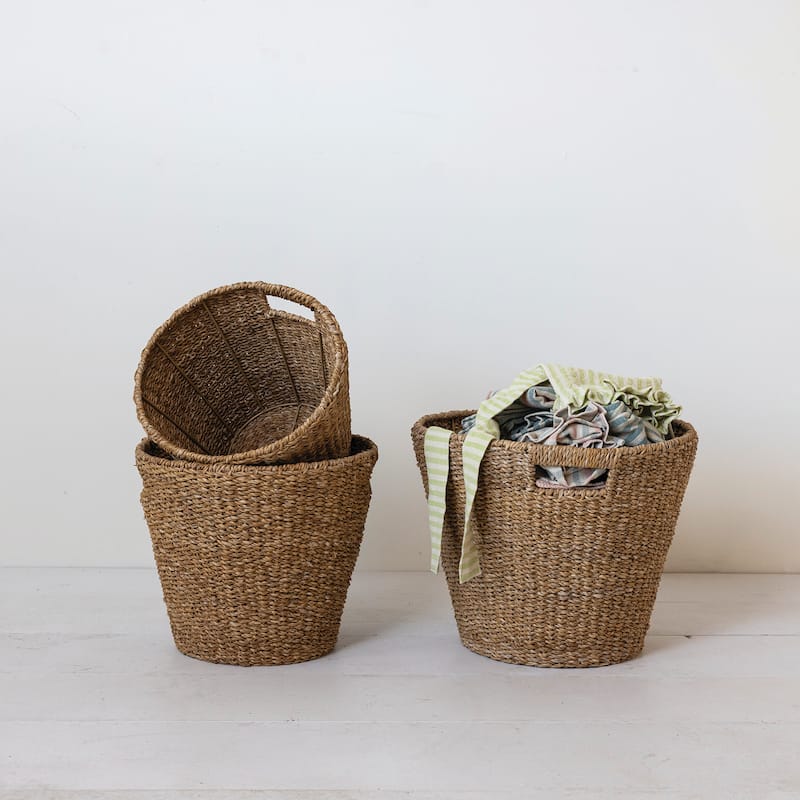 Decorative Hand-Woven Seagrass Cone Baskets with Handles, Set of 3 - 18.0"L x 11.8"W x 15.0"H