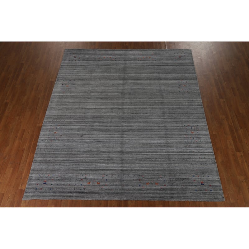 Hand Knotted Oriental 100% Wool Carpet Tribal Stripe Greys & Charcoal Gabbeh Area Rug - 9' 10'' X 8' 3''