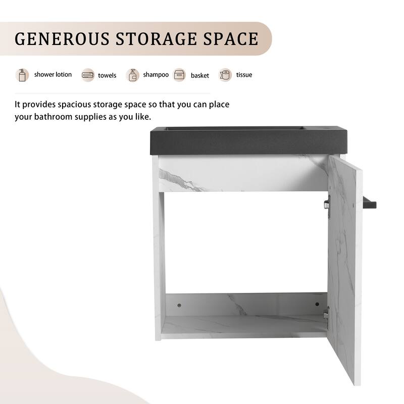 20" Wall-Mounted Floating Bathroom Vanity with Black Resin Sink, Soft-Close Doors & Ample Storage, Space-Saving Design