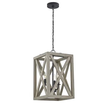 Wood Metal Rustic Industrial 3-Light Lantern Rectangle Pandant