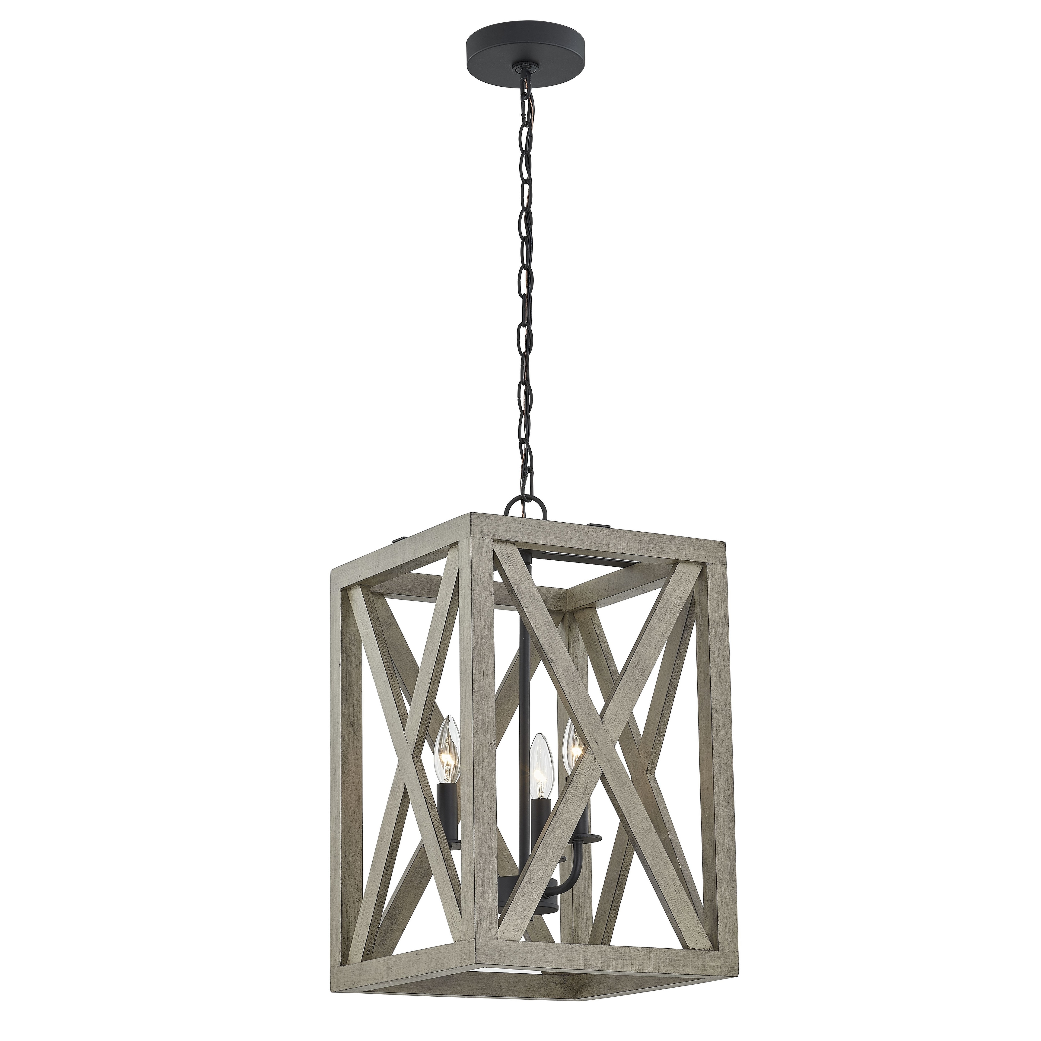 Wood Metal Rustic Industrial 3-Light Lantern Rectangle Pandant