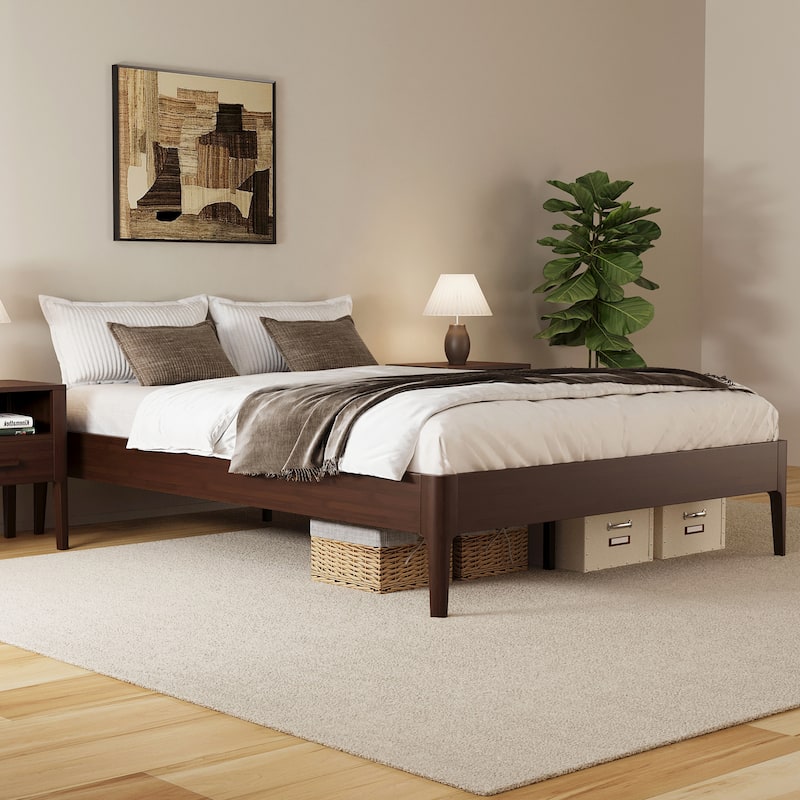 GDFStudio - Mid-Century Solid Bamboo Platform Bed Frame with Velcro Slat Metal Support & Noise-Free Pad, No Box Spring Needed - Chocolate - Queen