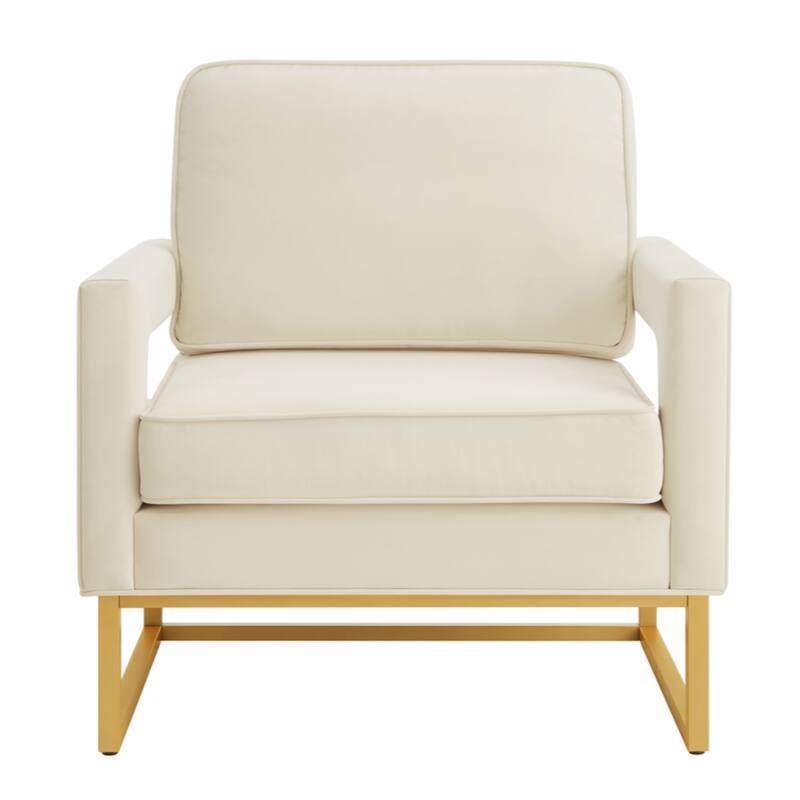 Modern Style Accent Chair with Gold Metal Base , Velvet Upholstered Leisure Chair with Open Armrest, Armchair - Cream