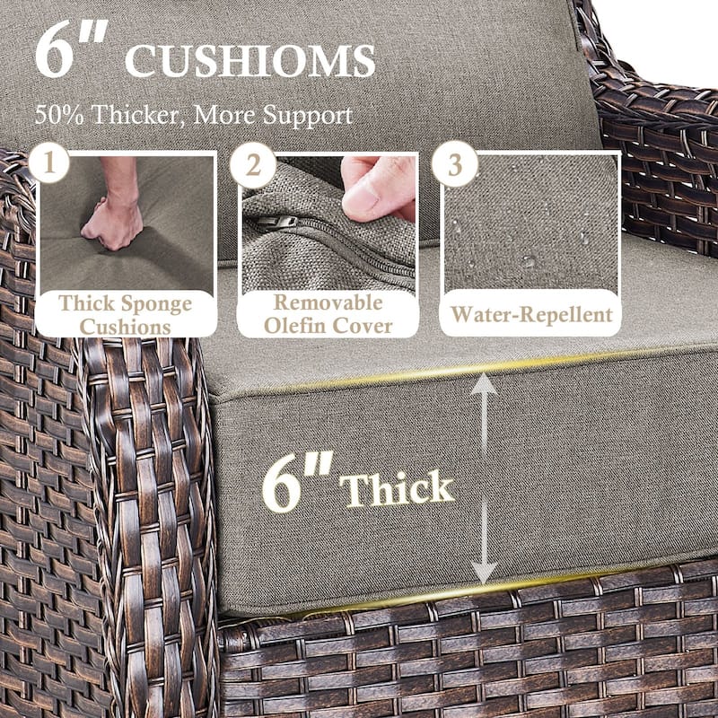 Arcadia 5-Piece Wicker Patio Set with 4 Swivel Glider Chairs and Square All-Iron Fire Pit