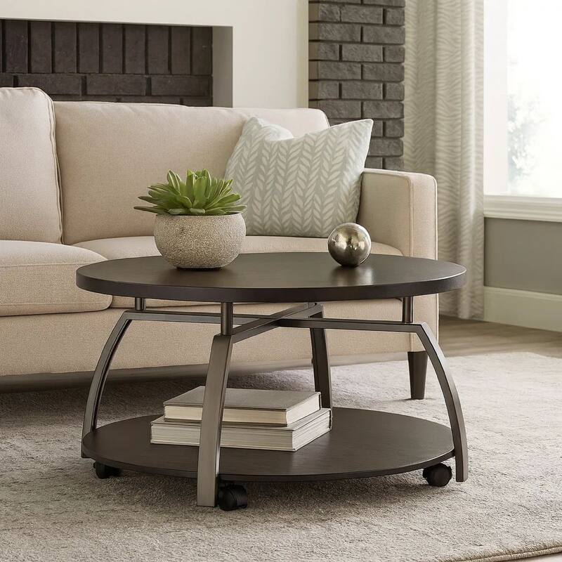 Dyn 35 Inch Round Coffee Table, 1 Shelf, Grayish Black Top, Gray Metal Leg