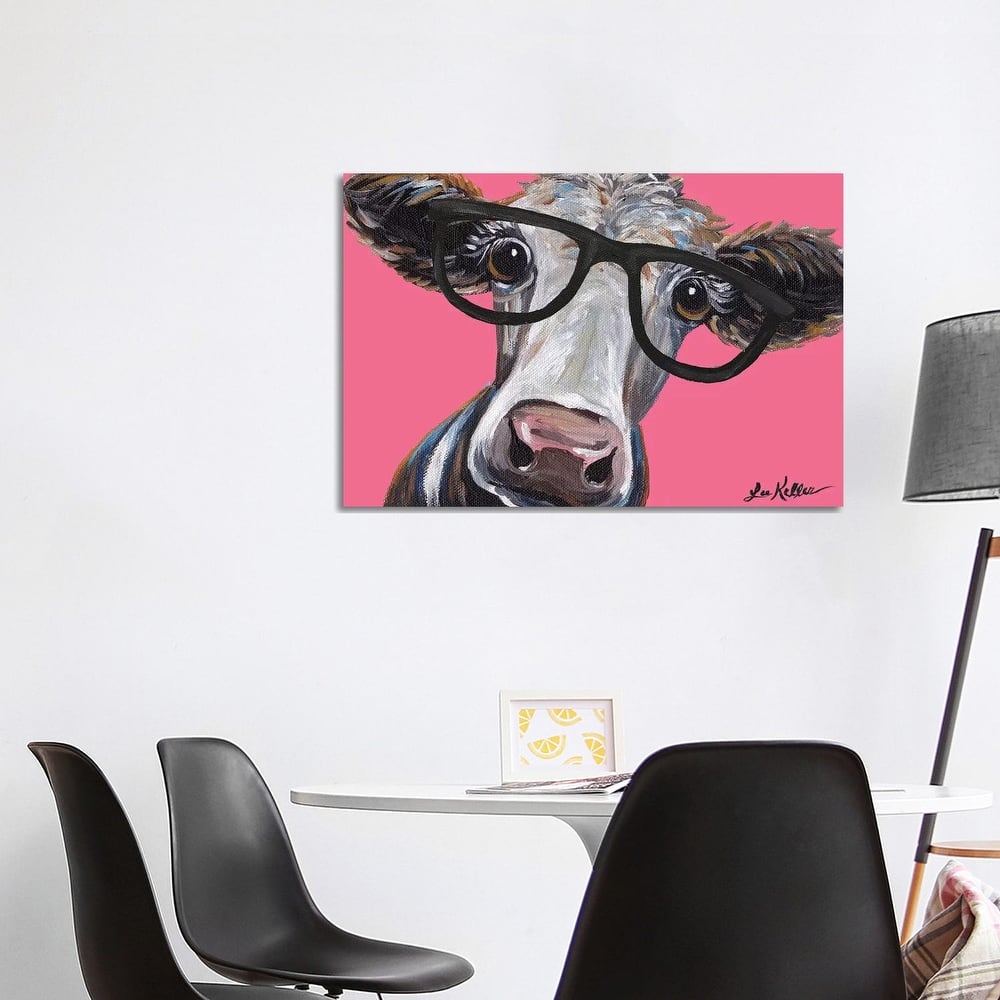iCanvas "Cora The Cow With Glasses On Pink" by Hippie Hound Studios Canvas Print