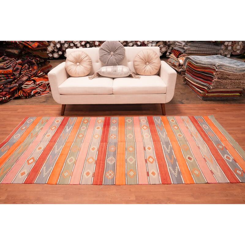 Hand Woven Oriental 100% Wool Carpet Southwestern Tribal Oranges & Rust Kilim Runner Rug - 8' 6'' X 4' 0''