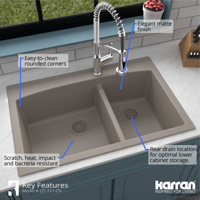 Karran Drop-In Quartz 33 in. 1-Hole 60/40 Double Bowl Kitchen Sink Kit