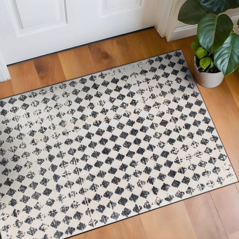 World Rug Gallery Geometric Distressed Abstract Washable Non Slip Area Rug - Ivory - 2'x4'