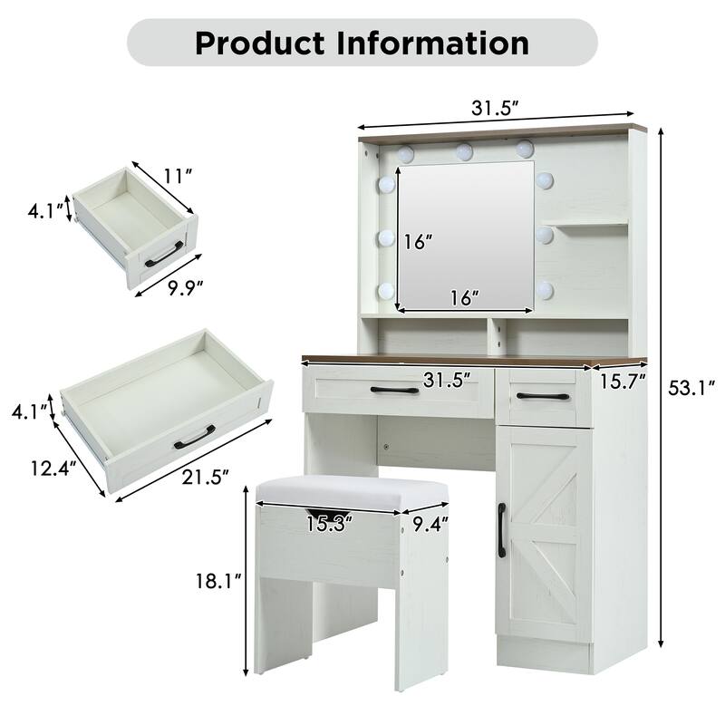 Vanity Set with Stool, Dressing Table with Adjustable Shelves,3 Lighting Modes，2 Drawers and Side Cabinet , White