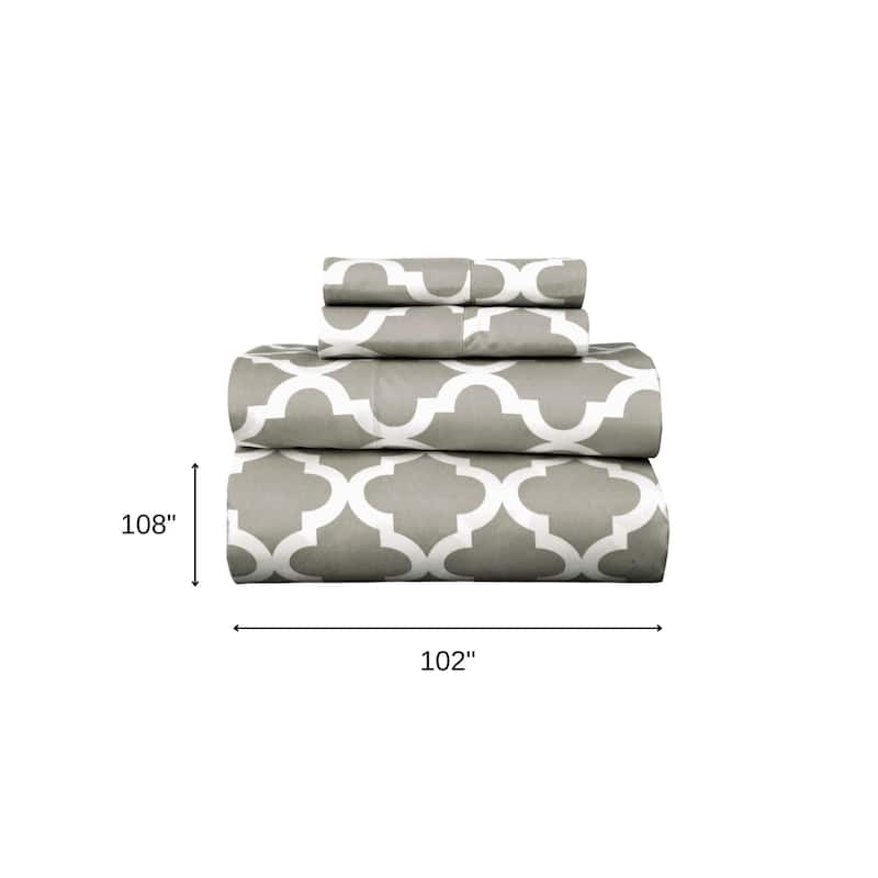 Four Piece Beige and White Quatrefoil Microfiber California King Sheet Set