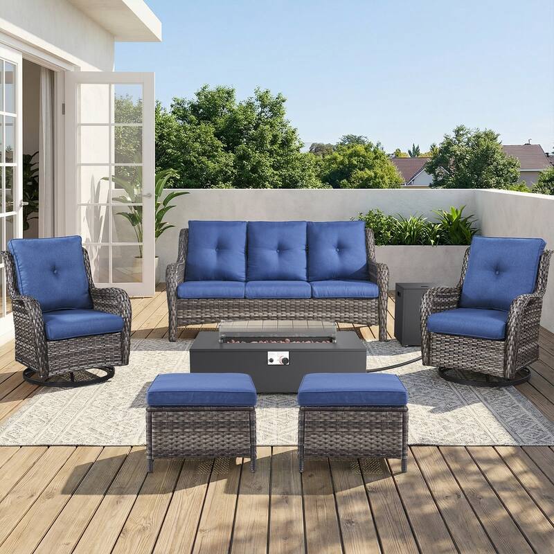 Pocassy Outdoor 7 Pieces Sofa Swivel Chair Ottoman with Fire Table - Gray Wicker Blue Cushion - 7-Piece Sofa Swivel Chair Ottoman with Fire Table