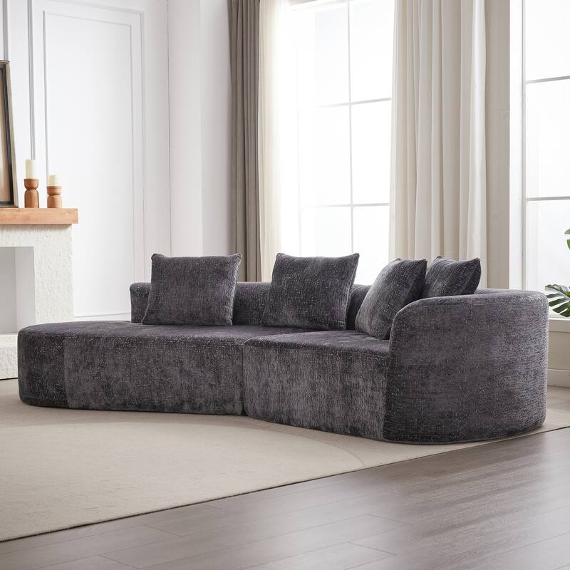 Curved Upholstered Loveseat Sofa Chenille Cloud Couch 4-Seater Chaise Lounge with 4 Throw Pillows for Living Room Recliner